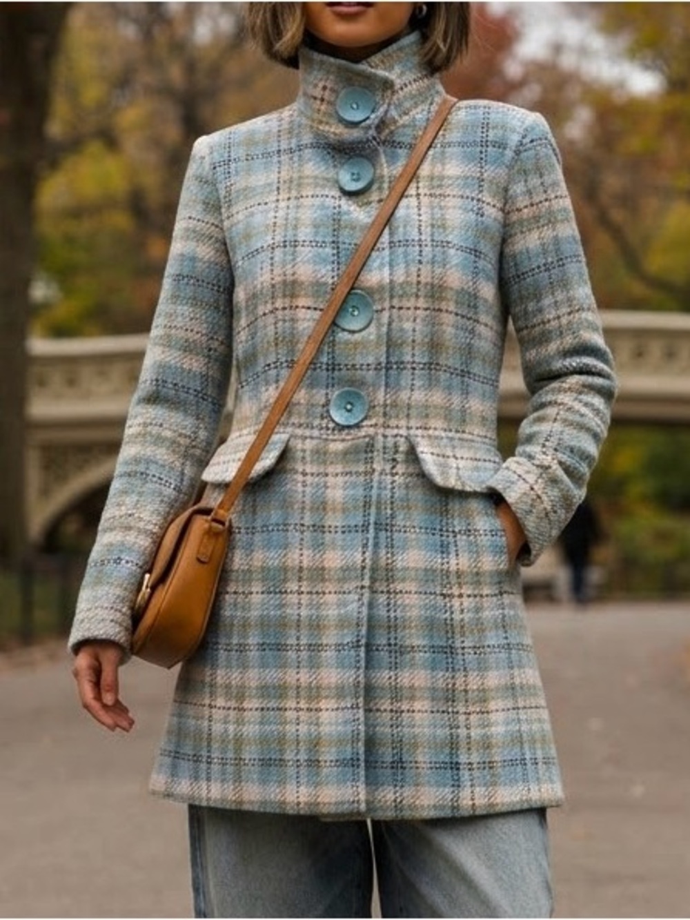 Rue21 Blue Plaid Tweed Wool Blend Stand Collar Pea Coat Trench Jacket XL Preppy